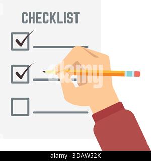 Eine Person schreibt in eine Checkliste. Die Person schreibt mit einem Bleistift in das Kontrollkästchen Stock Vektor