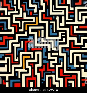 Gewagtes, geometrisches Labyrinth aus bunten, winkligen Pfaden Stockfoto