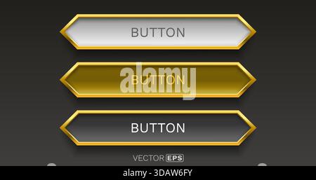 Set aus eleganten Metallknöpfen mit goldenen Rahmen. Ideal für Webdesign, UI oder luxuriöse Oberflächenelemente. Vektorabbildung Stock Vektor