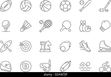 Sport- und Fitnesssymbole in dünner Linie. Vektor-Umrisssymbole für Spiele, Wettkampf, Bewegung, gesunde Lebensweise und sportliche Aktivität. Stock Vektor