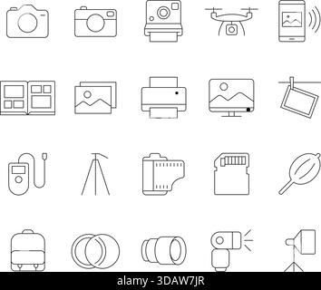 Dünne Linien-Symbole für Fotografie und Fotostudio. Vektorkontursymbole für Kamera, Objektiv, Digitalbild, Aufnahme und Drucken. Stock Vektor