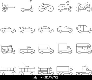 Transport, Liniensymbole, Vektor, Kontur, bearbeitbare Kontur, Fahrzeug, Auto, Auto, LKW, Transporter, Lieferung, Bus, öffentlicher Nahverkehr, Zug, Eisenbahn. Stock Vektor