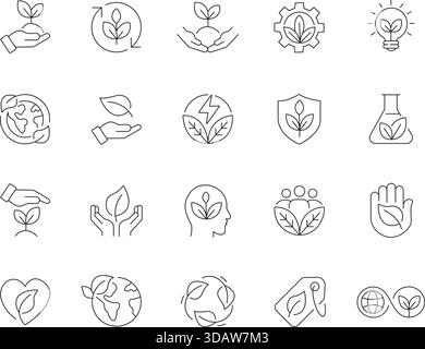 Dünne Linien-Symbole für Pflanzen und Botanik eingestellt. Vektor-Umrisssymbole für Natur, Ökologie, Umwelt, Gartenbau und nachhaltiges Wachstum. Stock Vektor