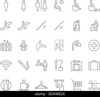 Öffentliche Informationen und dünne Flughafensymbole gesetzt. Vektorsymbole für Toiletten, Barrierefreiheit, Richtung, Wi-Fi und Universal-Schilder. Stock Vektor