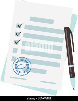 Ein Stift befindet sich auf einem Blatt Papier mit einem Häkchen darauf Stock Vektor