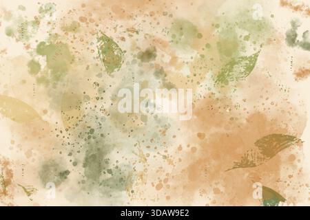 Abstrakter Aquarellhintergrund mit einer zarten Mischung aus grünen und braunen Blättern. Weiche Erdtöne und strukturierte Spritzer sorgen für eine ruhige Natur Stockfoto