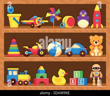 Ein Regal voller Spielzeuge, darunter ein Teddybär, ein Auto, ein Zug und ein Boot Stock Vektor