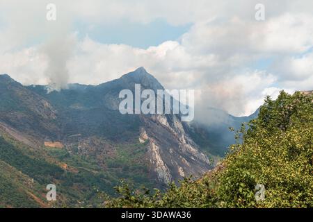 Rauch steigt aus einem Waldbrand in der Bergregion Somiedo Valley, Asturien. Die graue Federn heben sich von der üppigen Vegetation ab, was darauf hindeutet Stockfoto