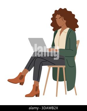 Frau, die an einem Laptop arbeitet und auf dem Stuhl sitzt Stock Vektor