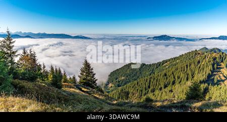 Machen Sie eine ruhige Herbstwanderung durch üppige grüne Wälder und sanfte Hügel mit Panoramablick auf dichte nebelige Täler darunter. Der klare blaue Himmel fügt hinzu Stockfoto