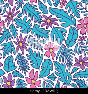 Süße Blumen und Dschungelblätter nahtloses Muster. Vektorabbildung Hintergrund mit flachem Design. Stock Vektor