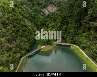 Aus der Vogelperspektive auf einen ruhigen Fluss, der sich durch üppige Wälder in den Dolomiten schlängelt, mit einer Fußgängerbrücke über das ruhige Wasser, umgeben von Höhlen Stockfoto