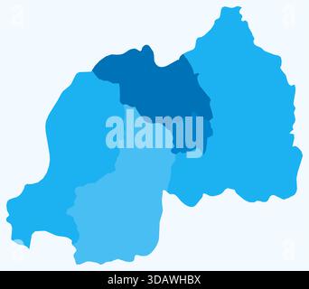 Karte von Ruanda mit Regionen. Eine einfache Ländergrenzkarte mit regionalen Unterteilungen. Hellblaue Farbpalette. Stock Vektor