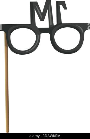 Eine schwarze Brille mit den Buchstaben M und F drauf. Die Gläser werden von einem Holzstock gehalten Stock Vektor