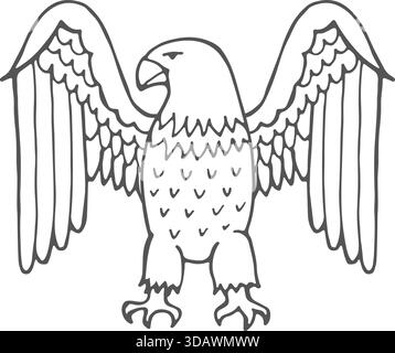 Eine Zeichnung eines Adlers mit ausgebreiteten Flügeln. Der Adler schaut nach unten und er ist in ernster Stimmung Stock Vektor