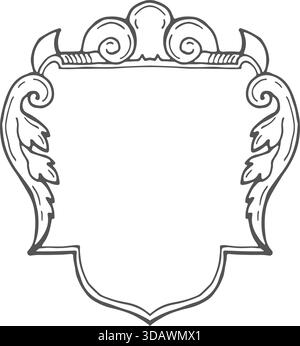 Ein weißer Rahmen mit einem Design aus Blättern und einer Krone. Der Rahmen ist sehr verziert und hat ein sehr elegantes Aussehen Stock Vektor