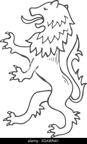 Ein Löwe ist in einer Schwarzweißzeichnung dargestellt. Der Löwe steht auf seinen Hinterbeinen und hat seinen Mund offen, als würde er keuchen. Der Löwe ist müde Stock Vektor