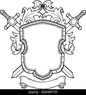 Ein Schild mit zwei Schwertern drauf. Der Schild ist weiß und hat einen schwarzen Rand. Die Schwerter werden auf dem Schild so platziert, dass sie aussehen Stock Vektor