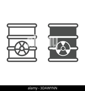 Fässer mit Abfalllinie für radioaktiven Brennstoff und festem Symbol, Atomenergiekonzept. Vektorgrafiken. Eimer mit Strahlenschutzschild auf weißem Hintergrund, o Stock Vektor