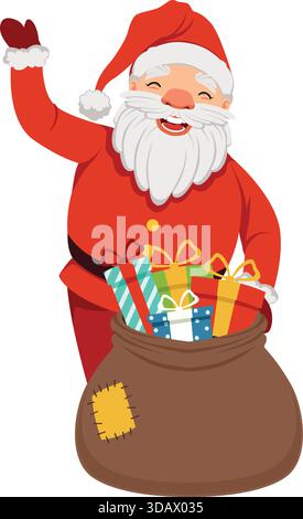 Ein weihnachtsmann mit einem roten Anzug und einem roten Hut hält eine braune Tasche mit einem Haufen Geschenke darin Stock Vektor