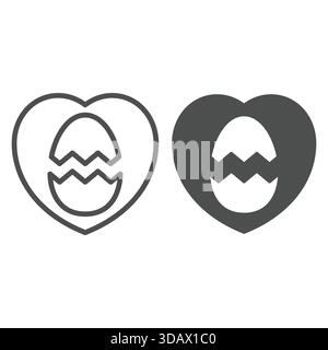 Herzform mit gebrochener Eierlinie und festem Symbol, osterferienkonzept. Vektorgrafiken. Hühnerei-Schild auf weißem Hintergrund, Umrissstil-Ikone für Stock Vektor