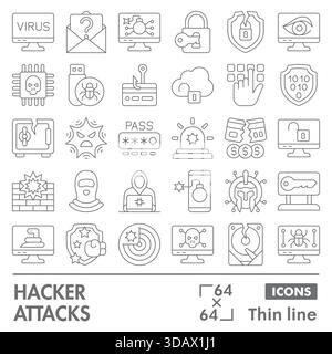 Hacker greift Symbolsammlungen oder Skizzen an. Symbole für Cyberkriminalität in dünnen Linien für Web und App. Vektorgrafiken isoliert auf weißem bac Stock Vektor