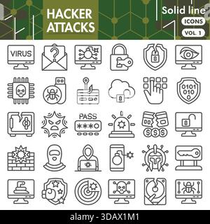 Hacker greift Symbolsammlungen oder Skizzen an. Symbole für Cyberkriminalität in Linienzeichen für Web und App. Vektorgrafiken isoliert auf weißem Hintergrund Stock Vektor
