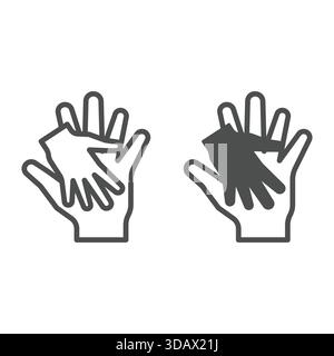 Elternhand für Erwachsene mit Kinderhandlinie und festem Symbol, Muttertagskonzept. Vektorgrafiken. Hand-in-Hand-zusammen-Schild auf weißem Hintergrund, Umriss St Stock Vektor