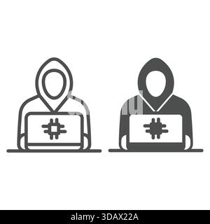 Hacker arbeiten an der Laptop-Linie und ein Symbol, Hacker-Attacken-Konzept. Vektorgrafiken. ES IST ein Krimineller mit Computerschild auf weißem Hintergrund Stock Vektor