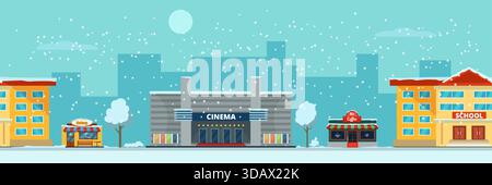 Eine Stadtstraße mit einem Kino, einer Schule und einem Restaurant Stock Vektor