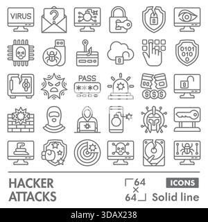 Hacker greift Symbolsammlungen oder Skizzen an. Symbole für Cyberkriminalität in Linienzeichen für Web und App. Vektorgrafiken isoliert auf weißem Hintergrund Stock Vektor