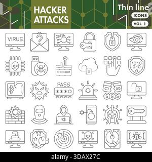 Hacker greift Symbolsammlungen oder Skizzen an. Symbole für Cyberkriminalität in dünnen Linien für Web und App. Vektorgrafiken isoliert auf weißem bac Stock Vektor