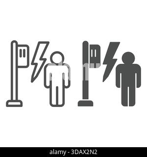 Mann mit Elektrobox an der Pole und solidem Symbol, Versicherungskonzept. Vektorgrafiken. Blitzgefahr am Transformator und menschliches Zeichen auf weißem Hintergrund Stock Vektor