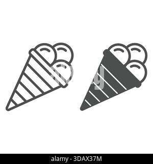 Eiskugeln in Waffelkegellinie und solides Symbol, Süßwarenkonzept. Vektorgrafiken. Süßes Eisschild auf weißem Hintergrund, umrissene Style-Ikone Stock Vektor