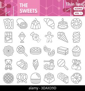 Sammlung von Süßigkeiten oder Skizzen. Ikonen mit süßen Dessertthemen in dünnen Linien für Web und App. Vektorgrafiken isoliert auf weißem Hintergrund Stock Vektor