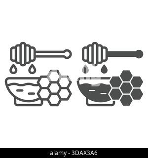 Schälplatte mit Honig- und Löffellinie und festem Symbol, natürliches Süßwarenkonzept. Vektorgrafiken. Süßes Honigschild auf weißem Hintergrund, umrissene Style-Ikone Stock Vektor