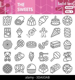 Sammlung von Süßigkeiten oder Skizzen. Ikonen mit süßen Dessertthemen in Linienzeichen für Web und App. Vektorgrafiken isoliert auf weißem Hintergrund Stock Vektor