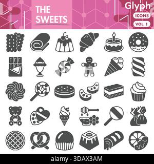 Sammlung von Süßigkeiten oder Skizzen. Ikonen mit süßen Dessertthemen im Glyphen-Stil für Web und App. Vektorgrafiken isoliert auf weißem Hintergrund Stock Vektor