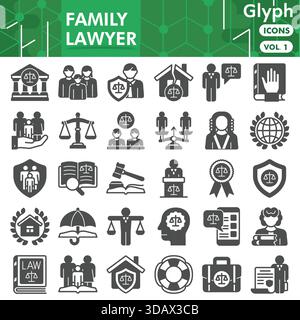 Sammlung oder Skizzen von Familienanwälten. Symbole für Gesetze und Gerechtigkeit in Glyphenzeichen für Web und App. Vektorgrafiken isoliert auf weißem Hintergrund Stock Vektor