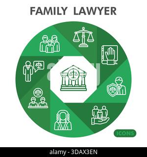 Sammlung oder Skizzen von Familienanwälten. Symbole für Gesetze und Gerechtigkeit in Linienzeichen für Web und App. Vektorgrafiken isoliert auf weißem Hintergrund Stock Vektor