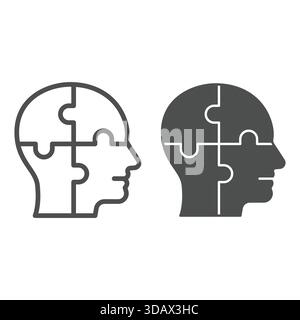 Mann Kopf Puzzle Linie und solide Ikone, Familienpsychologie Konzept. Vektorgrafiken. Menschlicher Kopf in Formteilen, Logiklösungsspiel-Schild auf weißem Hintergrund Stock Vektor