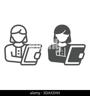 Psychologin Frau und Zeugenaussage Notizblock Linie und solides Symbol, Familienpsychologiekonzept. Vektorgrafiken. Frau mit Papiernotizen auf weißem Hintergrund Stock Vektor