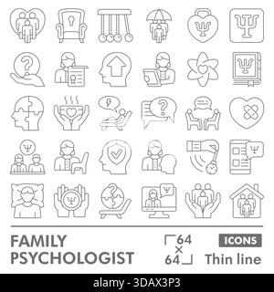 Sammlung oder Skizzen von Familienpsychologen. Psychologie-Themensymbole in dünnen Linien für Web und App. Vektorgrafiken isoliert auf weißem Hintergrund Stock Vektor