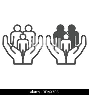 Familie mit Kind auf der Hand und solides Symbol, Familienpsychologiekonzept. Vektorgrafiken. Vater, Mutter und Sohn, Unterstützungsschild auf weißem Hintergrund, Stock Vektor