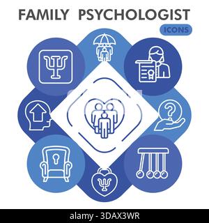 Sammlung oder Skizzen von Familienpsychologen. Symbole für Psychologie-Themen in Linienzeichen für Web und App. Vektorgrafiken isoliert auf weißem Hintergrund Stock Vektor