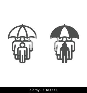 Regenschirm mit Kinderfamilie und solidem Symbol, Familienpsychologiekonzept. Vektorgrafiken. Menschliche Gruppe und Schirmschild auf weißem Hintergrund, Umriss Stock Vektor