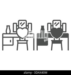 Make-up-Schreibtisch mit Stuhl-Linie und festem Symbol, Innenkonzept des Hauses. Vektorgrafiken. Frisiertisch mit Schublade und Spiegel, Vasenschild auf weißem Hintergrund Stock Vektor