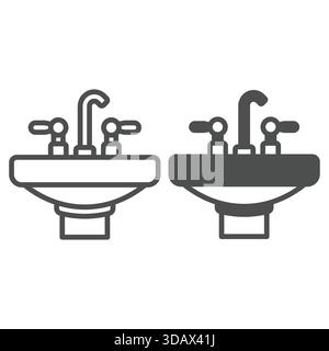 Waschbecken mit Wasserhahn und festem Symbol, Innenraumkonzept des Hauses. Vektorgrafiken. Keramikzeichen für Waschtisch auf weißem Hintergrund, Symbol für Umrissstil Stock Vektor