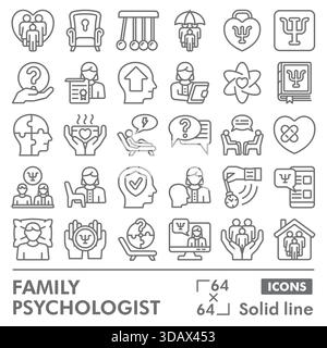 Sammlung oder Skizzen von Familienpsychologen. Symbole für Psychologie-Themen in Linienzeichen für Web und App. Vektorgrafiken isoliert auf weißem Hintergrund Stock Vektor