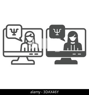 Monitor und Psychologin Frauenzeile und solides Symbol, Psychologiekonzept. Vektorgrafiken. Display mit Rufzeichen für Arzttherapie auf weißem Hintergrund Stock Vektor